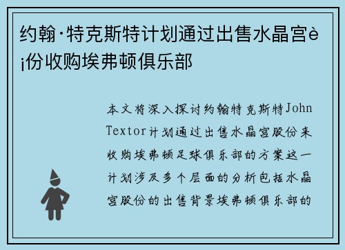 约翰·特克斯特计划通过出售水晶宫股份收购埃弗顿俱乐部 约翰·特克斯特计划通过出售水晶宫股份收购埃弗顿俱乐部